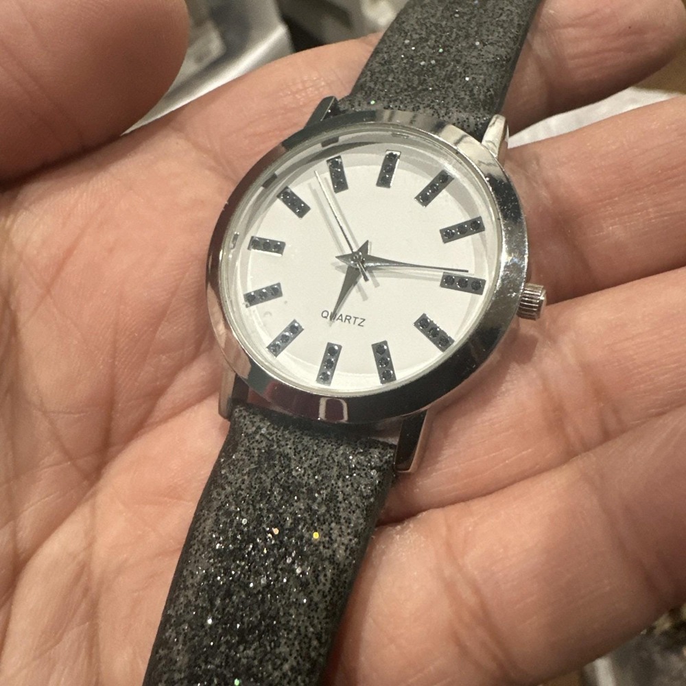 Working Womens Black Sparkle Band Quartz Watch 34mm New‎ Battery